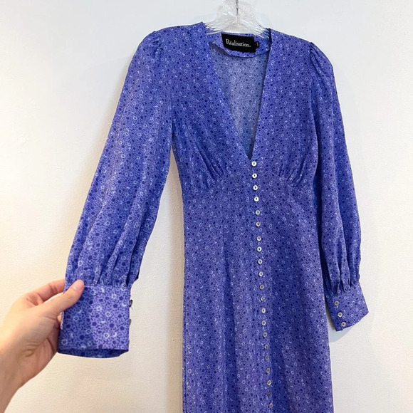 Realisation Par The Vivienne Purple Floral 100% Silk Button Down Maxi Dress XXS - Picture 5 of 10